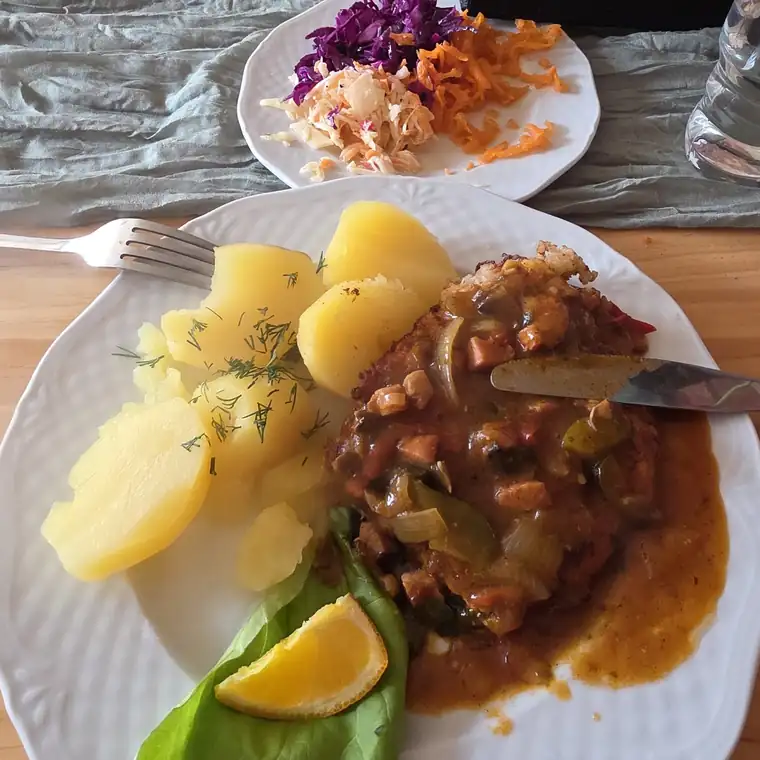 Mięso w sosie z gotowanymi ziemniakami i surówkami